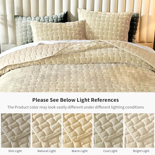 Image of Grassix Velvet Quilt Set King Size, Luxury Geometric Design, Beige | Lightweight Velvet Comforter with 2 Pillow Shams, Soft Bedspread Coverlet, Quilted Bedding Set for All Seasons, 108 inchx96 inch