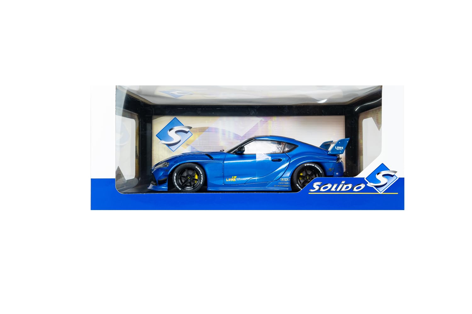 Solido Toyota GR Supra LBW 2025 1:18 Blau | Detailgetreues Diecast Modellauto, Widebody-Sportwagen, Schwarze Felgen, Sammlerfahrzeug für Tuning-Fans