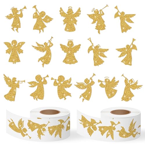 Image of Gold Angel Christmas Stickers - 2 Rolls 16 Gold Foil Angel Designs Waterproof Holiday Decorations for Gift Wrapping, Scrapbook, Kids Crafts, Party Favors, Glass Windows & Laptop Decor