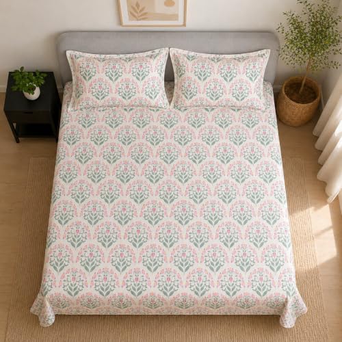Image of Linen Home Cotton Percale Flat Bedsheet Set King Size Sequence Pink