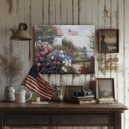 Image of Patriotic Memorial Day Canvas Wall Art, Garden Blooming Roses and Distant American Flag Oil Painting, Memorial Day Summer Backyard Print Framed Artwork for USA Country Home Wall Decor 24x30inch