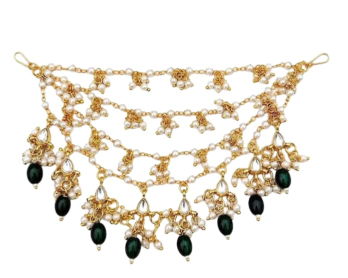 SSJR Jewellery 4-Layer Gold Plated Brass Makkhi Hair Chain for Women & Girls | Bridal Head Jewellery with Pearl & green Stone Work | Traditional Hair Accessories for Wedding, Party, Festival, Anniversary & Office Wear | Gift for Women & Ladies-image-26