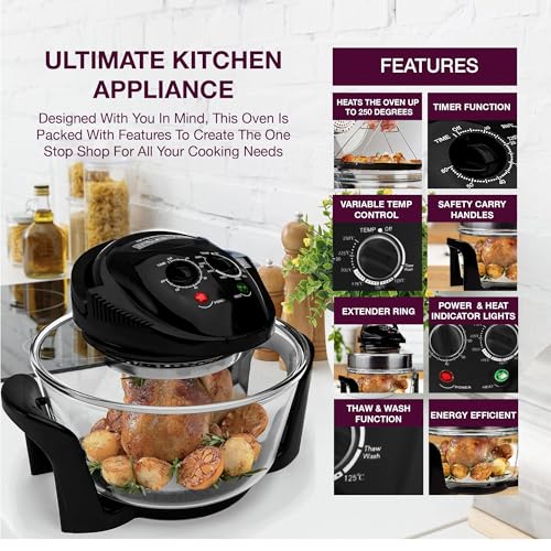 Andrew James Halogen Oven Cooker 12l – 17l 1400W | Glass Air Fryer with Turbo Wash and Included Accessories | Halogen Oven Cooker with Extender Ring & Replacement bulb (BLACK) - Image 3