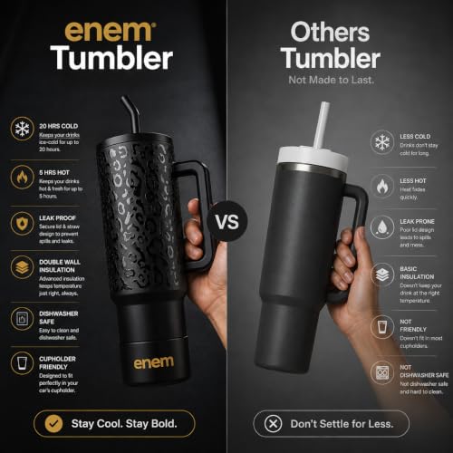 Image of enem Tumbler, Savage Noir, Tumbler with Metal Straw, Sipper, with Lid Leak Proof, 1 Metal Ice Cube, 1 Copper Spring (Tamba), Base Protector, Mug Travel, 1.2L