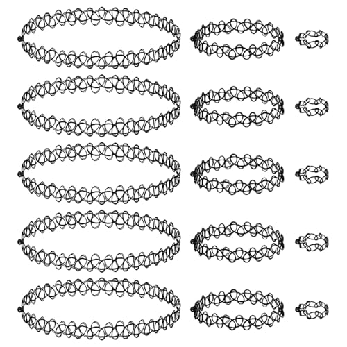 soodyoow 3er Set Ketten Armband Ring Halskette Choker Tattoo Stretch Accessoires Schwarz elastisch Damen 90er Jahre Style Gothic Punk Schmuck Set