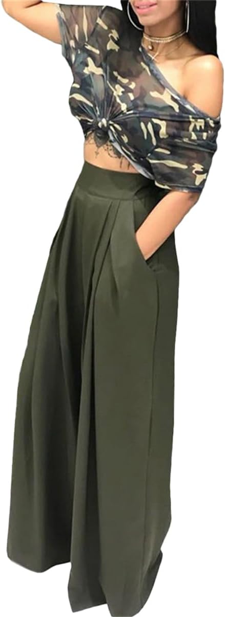 BFFBABY Womens Casual Palazzo Pants High Waist Printed Ruched Loose Flowy Lounge Wide Leg Pants (M-3XL)