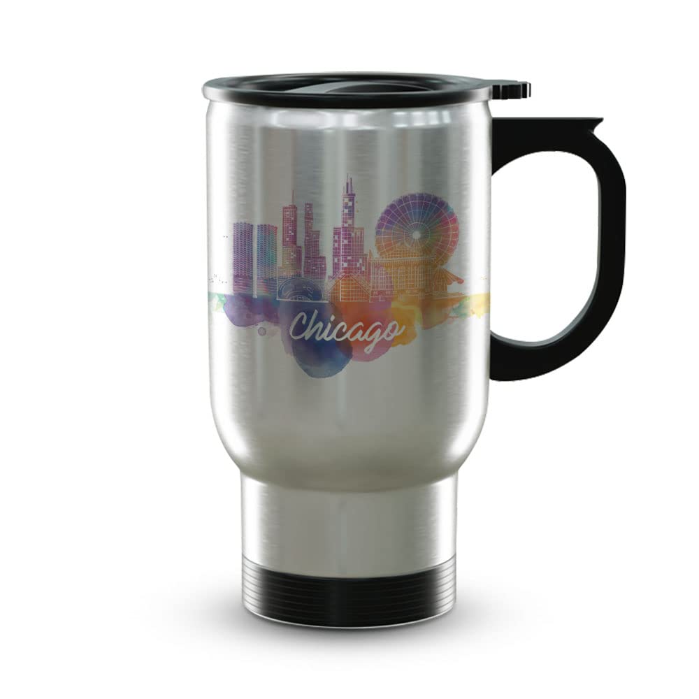 Chicago Illinois Coffee Mug , Illinois Black Ceramic Mug , Illinois Wine Tumbler with Lid , Illinois Coffee Mug , Illinois Stainless Steel Travel Mug (Chicago City Watercolor, 14oz Travel Mug Steel)