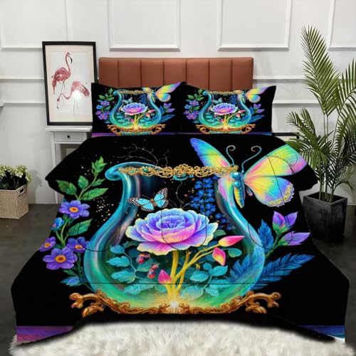 Fotmung Edredón Nordica Cama 105-200x200 cm Flores Y Mariposas, Juego de Ropa para Cama de 2 Personas, Edredón Estampado de 4 Estaciones + 2 Funda de Almohada 50 x 75-A7