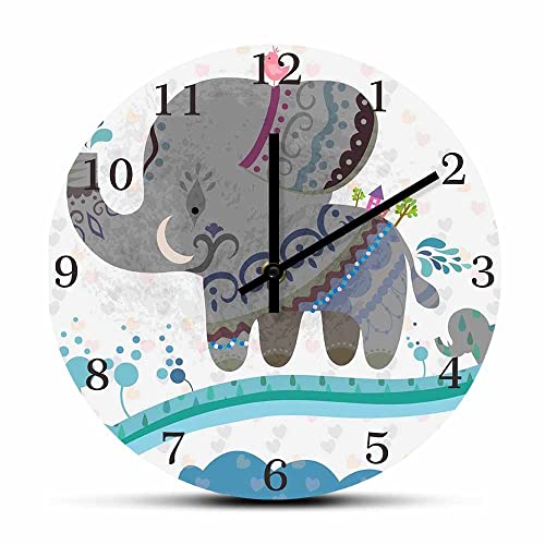 Geek Alerts Cartoon Elephants 12inch Acrylic Print Hanging Wall Clock Baby Elephants Animals Silent Watch Battery Operated Quartz for Home Kids Bedroom Decor