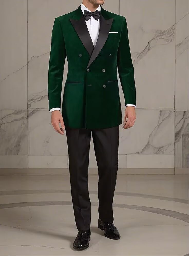 Men's Velvet Tuxedo Suit 2 Piece Double Breasted Slim Fit Suit Wedding Prom Tuxedo Jacket Pants Set2