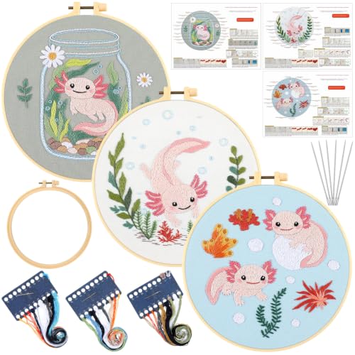 Image of Mindsoft 3 Set Needlepoint Kit for Beginners with Hoop,Axolotl | Bamboo Hoop Thread Needles Instructions, Easy Hand Embroidery for Beginners Home Crafts,Pre-stamped Funny Cute Designs