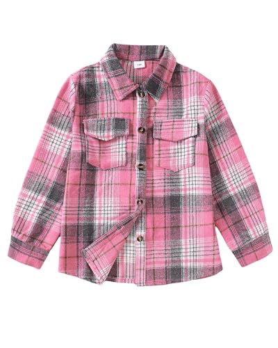 Girls Long Sleeve Flannel Shirts Button Down Plaid Jackets Collared Pockets Blouses Tops Fall Winter Clothes 7-14Y