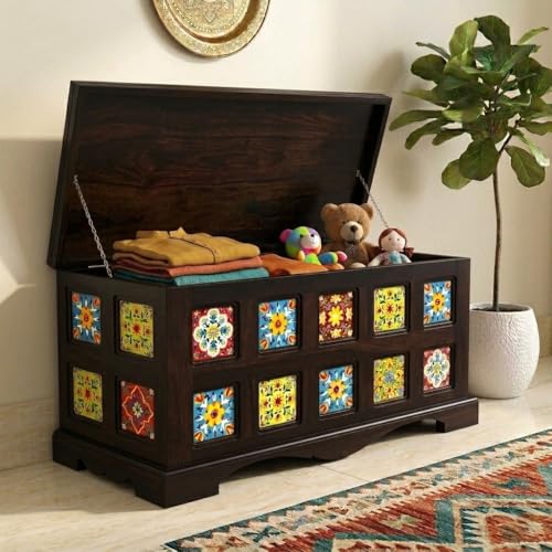 Image of Amazon Brand - Solimo Starlore Solid Sheesham Wood Storage Trunk | Wooden Box Chest for Clothes Linen Storage for Bedroom Living Room Home (Walnut Finish)