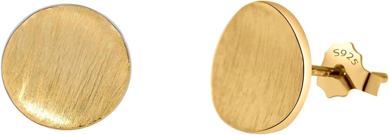 Wicary 14K Gold Plated Sterling Silver Curved Round Stud Earring Brushed Disc Gold Earrings for Women