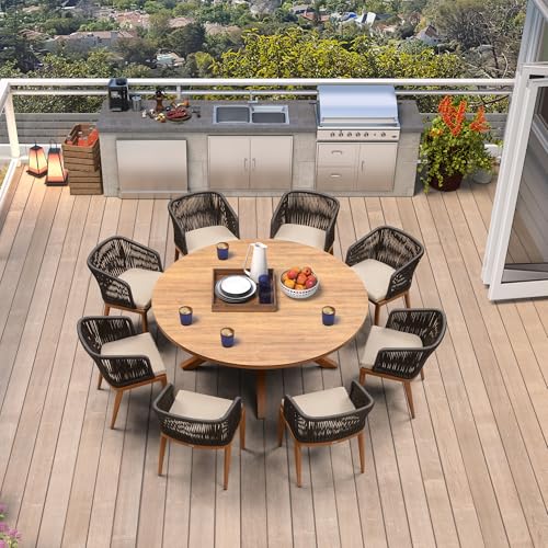 PURPLE LEAF 9 Pieces Large Round Outdoor Dining Set Patio Furniture Set Aluminum Rattan Wicker Patio Dining Table and Chairs Set for Lawn Porch Deck Brown
