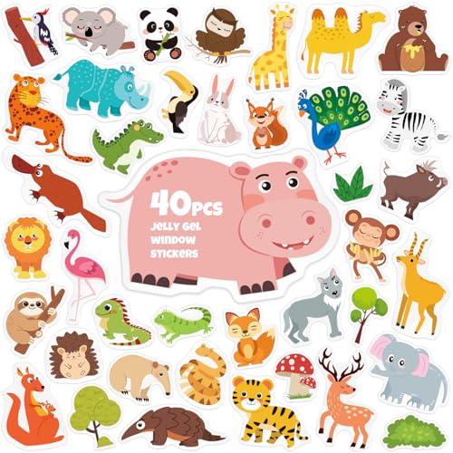 40PCS Animals Window Clings for Kids Safari Wildlife Jelly Stickers for Toddlers Glass Windows Thick Gel Clings Decals of Cute Lion Elephant Removable Reusable Quiet Airplane Travel Toys