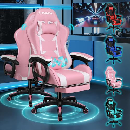 ELFORDSON Gaming Chair with 2-point Massage Lumbar Cushion High Back PC Computer Game Chair 150 Reclining Office Chair with Headrest & Footrest 360 Swivel Home Esports PU Leather Pink