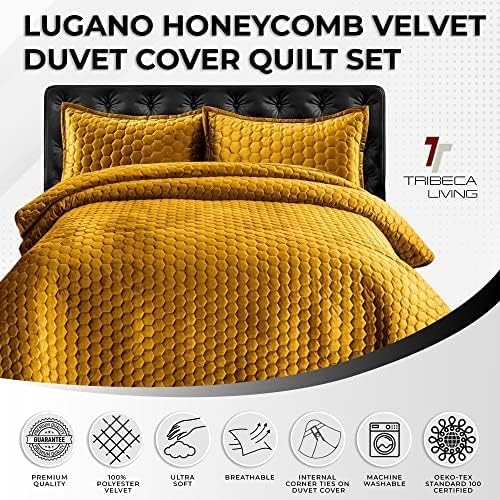 Tribeca Living Lugano Oversized Velvet Quilt Set - All Season, Extra Large, 3 Piece King Size Comforter Set with 2 Pillow Shams in Gold Honeycomb Pattern 260GSM - Image 3