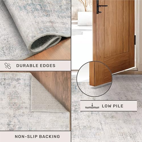 Image of Low Pile Office Rugs for Rolling Chairs - 5x7 Abstract Rugs for Living Room, Large Entryway, Cream Slate Blue Decor, Non Slip with Rubber Backed & Stain Resistant
