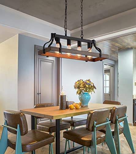 Meixisue MX-P2143-4A Rustic Kitchen Island Dining Room Light Fixture Farmhouse Linear Chandelier Black And Retro Wood Finish 4-Light Industrial Metal Hanging Pendant Light Ul Listed L28.3 W10.6 thumb #2