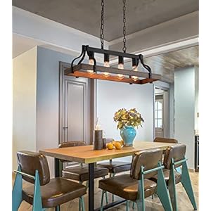 Rustic Kitchen Island Dining Room Light Fixture Farmhouse Linear Chandelier Black and Retro Wood Finish 4 Light Industrial Metal Hanging Pendant Light UL Listed L283 W106