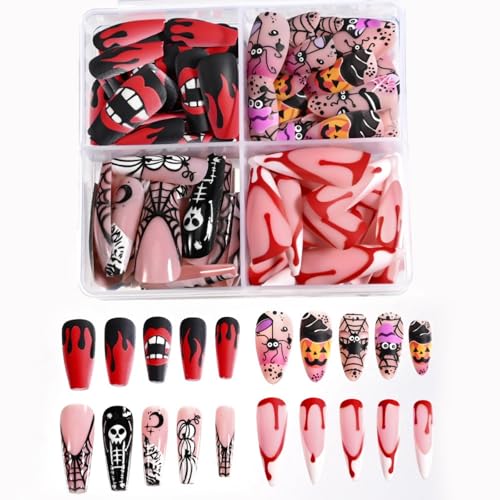 96PCS Halloween Fake Nails Ghost & Spider Web-Themed Wear Armor Full Cover Press on Nails Cute Pattern Kits Women DIY Nail Art got/hic False Nails for Halloween Stick on Nails