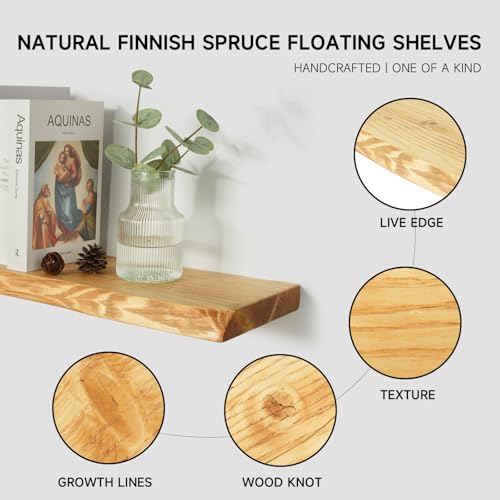 Koryndel 24 Inch Wooden Floating Shelves for Wall Set of 2, Finnish Spruce Solid Wood Shelf, Natural Wood Floating Shelves for Living Room, Bathroom, Bedroom, Kitchen, Natural Finish - image 3