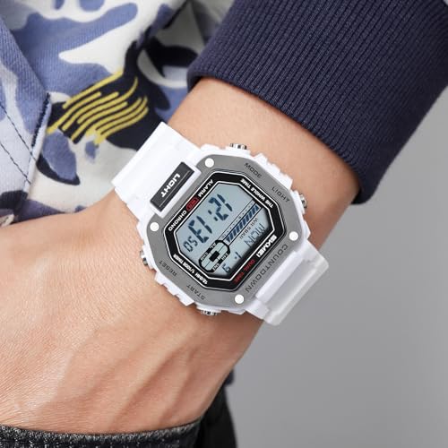 SKMEI Men's Military Digital Sports Watches Waterproof Womens Watches with Luminous Alarm Big Face for Outdoor(White)4