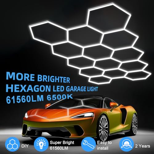Image of MODERN 14 Hexagon LED Garage Light 6500K, 61560 Lumens, Honeycomb Design, 14-Grid System, Octagon Shop Light for Workshop, Gym, Warehouse & Car Wash (White, 57-Pack)