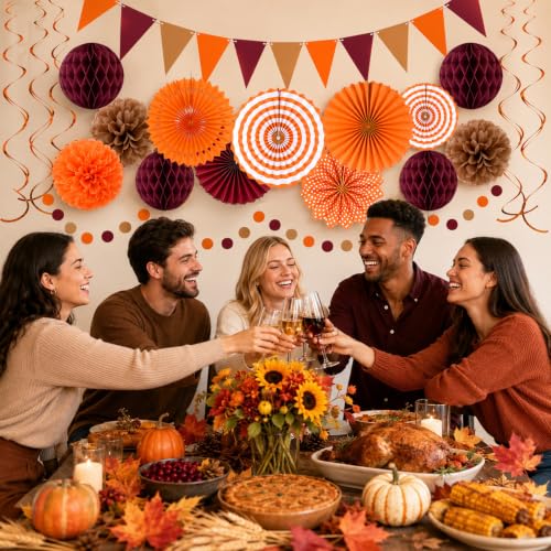 Image of 24 Pcs Fall Party Decorations, Burgundy Orange Paper Fans and Pom Poms Set