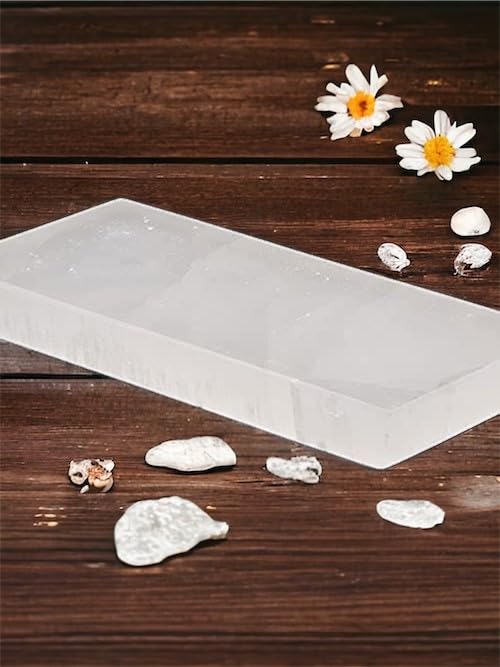 4All Plato rectangular de carga de cristal de selenita, rebanada blanca, 20 cm x 10 cm, piezas de declaración hechas a mano para meditación, limpieza y decoración del hogar (pulido)