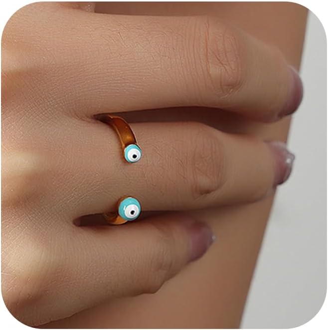 18K Gold Plated Double Blue Evil Eye Ring For Women Dainty Stackable Rings Open Band Statement Ring Finger Jewelry Gift