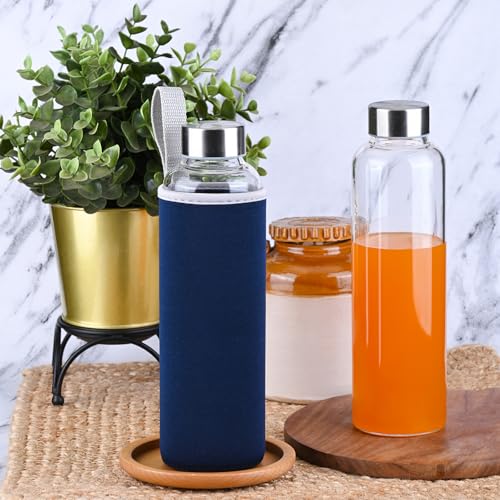Image of Happy Cove High Borosilicate Glass Water Bottle 500ml with Sleeve - Water Bottle for Fridge, Durable Glass Bottle Set for Home and Travel | Eco-Friendly | Reusable, Leak-Proof | Set of 2 | Multicolour