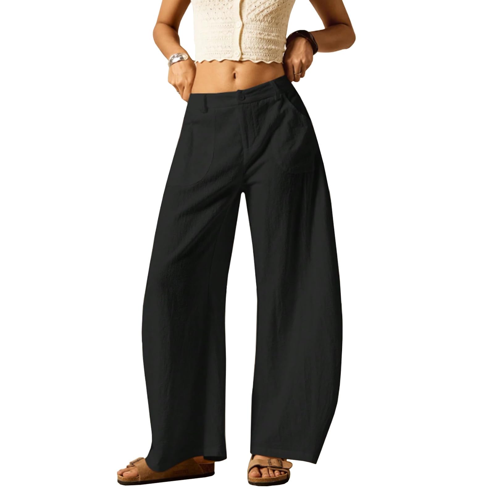 Esesoul Baggy Barrel Pants Women Cotton Linen Summer Palazzo Pants Casual Wide Leg Trousers with Pockets