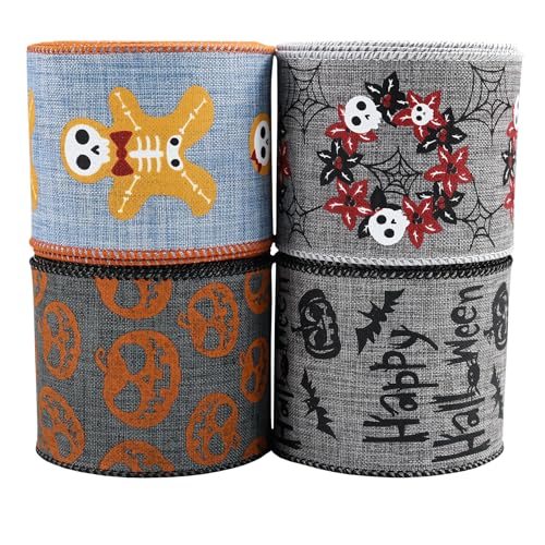 BAORJCT 4 Rolls Halloween Wired Edge Ribbons 2.5 X 6 Yards Black Orange Pumpkin/Spider Web/Bat/Candy Skull Frame for Halloween Home Wreath DIY Craft Bows Party Decor Trick or Treat