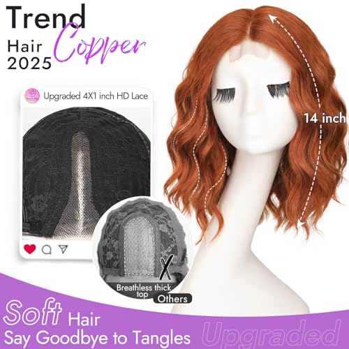 Image of Eawwii Wigs for Women Copper,Short Wavy Synthetic Lace Wig | Glueless 4x1 Lace Hairline, Heat-Resistant Fiber,Bob Wave Style,Natural Appearance for Everyday Cosplay 14 Inch