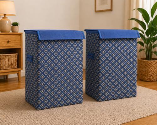 Image of QUAIL Non Woven Foldable Jute Printed 75 Liter Laundry Basket with Lid - Durable & Collapsible Storage Bag for Clothes, Toys & Washing Items (Blue Golden, Set of 2)
