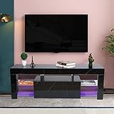 Glasregal mit LED-Licht --- Dieses TV-Lowboard enthält 2 Glasregale im Seitenfach. Die Glasscheibe wird mit LED-Licht beleuchtet. Das kreative Design macht diesen moderne TV-Schrank schöner. Schrank Größe: 130 x 35 x 45 cm.