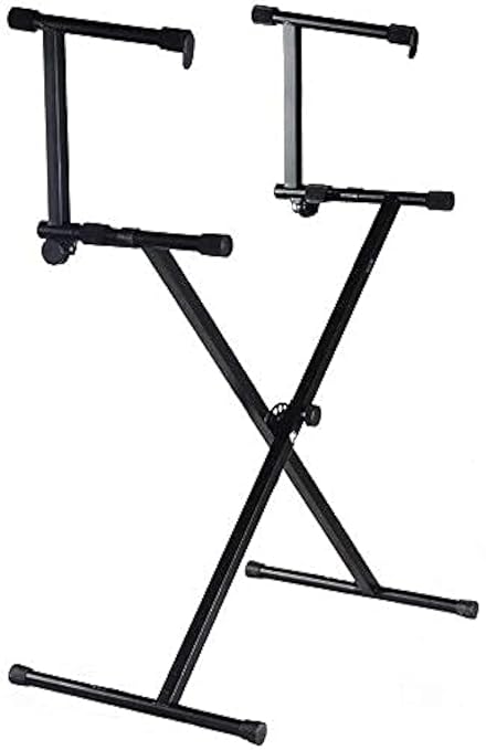 MIYAKO 2 Tier Double X Keyboard Stand with Adjustable Height - Portable Two-Tier Stand with Locking Straps and High Strength Steel for Durability - Ideal for Keyboards and Consoles (D-11)