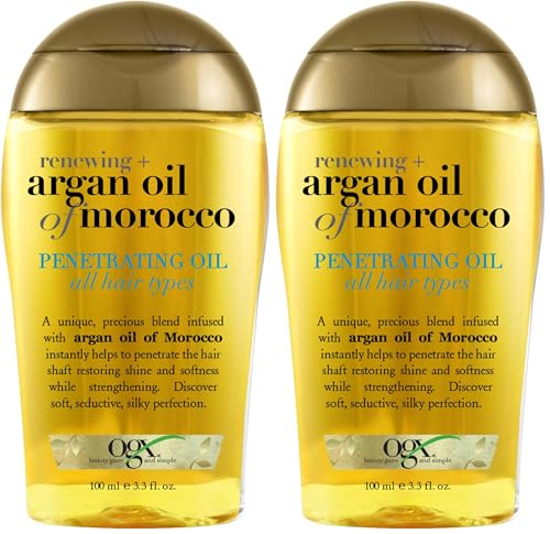 OGX Renewing + Argan Oil of Morocco,Cold-Pressed Argan Oil for Hair Penetrating Treatment & Shine,Moisturizing & Strengthening Silky-Oil for All Hair Types,Paraben-& Sulfate Free,3.3 fl oz,(Pack of 2)