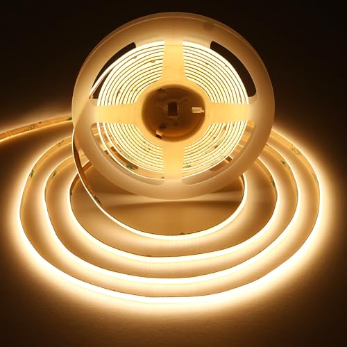 SIRYYUI 12V COB LED Strip Lights 5M, 5mm Ultra-Thin,3000K Warm White, 400LEDs/M, Dotless LED Tape, CRl 90+,Super Bright 4000LM Self-Adhesive - for Kitchen,Bedroom,Cabinet (Power Not Included)
