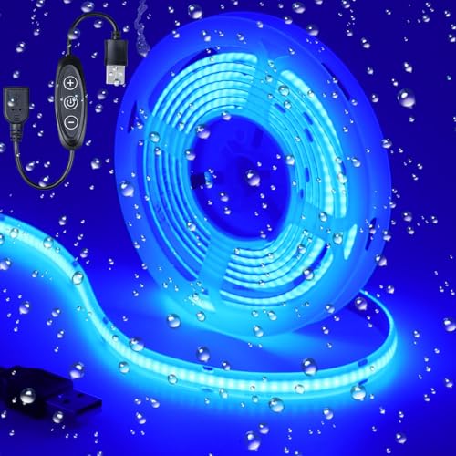 Image of DC 5V USB COB Blue LED Strip Light Dimmable IP65 Waterproof 6.6ft /2M | USB Powered 640LEDs with Dimmer High Brightness Flexible LED Tape Lights