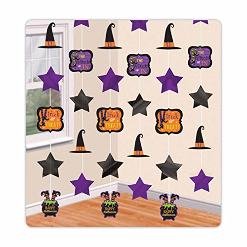 amscan Friendly Witch Halloween Trick or Treat Foil & String Decoration (Pack of 6), Multicolor, 7'