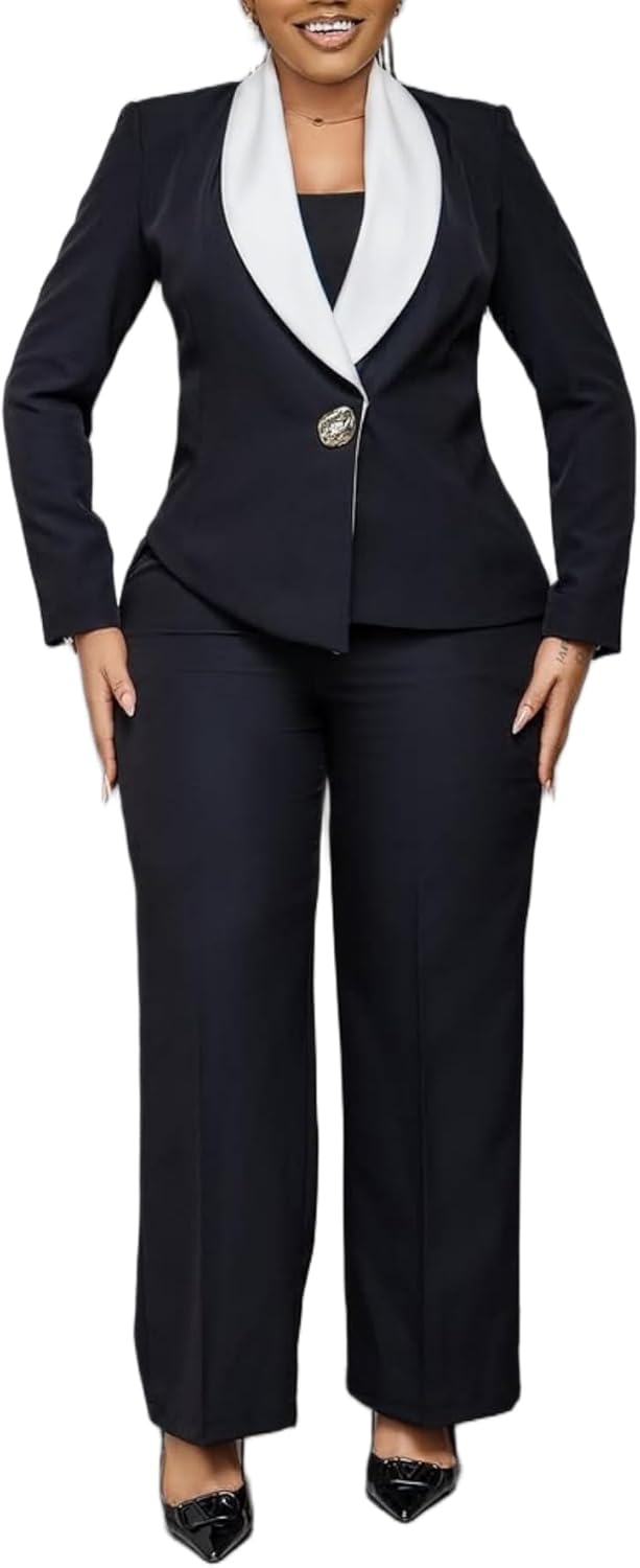 LROSEY Womens Suits 2 Piece Casual Business Outfits Dressy Long Sleeve Deep V Neck Lapel Blazer Suit Jacket High Waist Pants