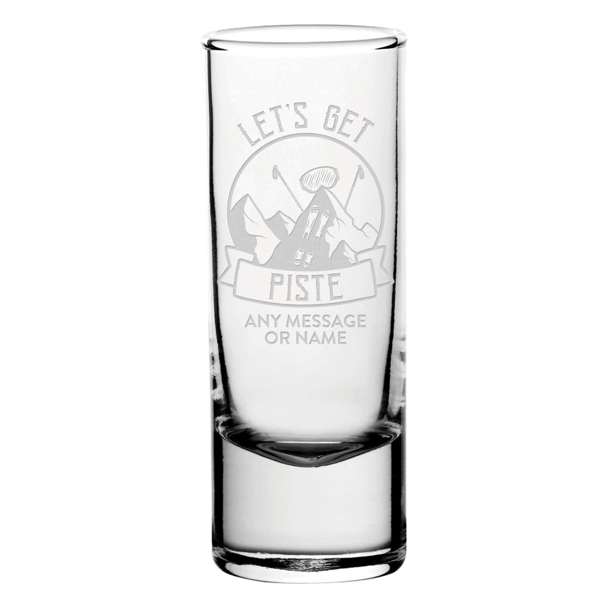 Gift Base Personalised Let's Get Piste Skiing Name Shot Shooter Glass Tall Double 60Ml Multi Pack 5, 10, 20, 30, 40, 50, 100 Glasses Stag Hen Do Wedding Favour Birthday Tequila Rum Gin Whisky