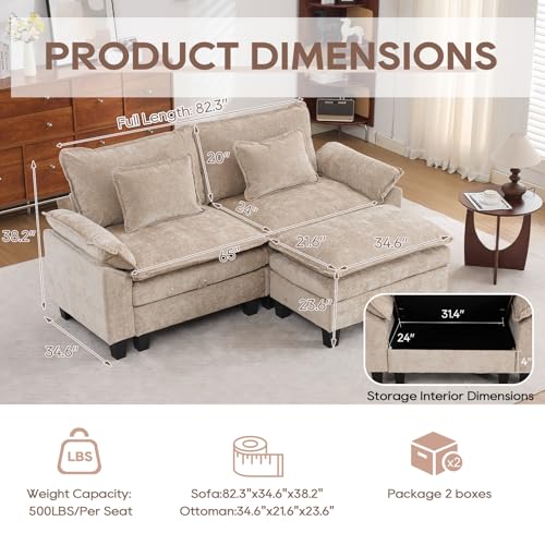 Image of IPKIG 82.3 inch Modular Cloud Couch with Storage, L Shaped Sectional Sofa with Ottoman & Pillow, Chenille Deep Seat Sectional Couches for Living Room, Apartment, Khaki