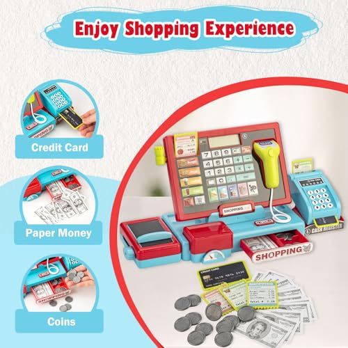 Image of Cash Register for Kids Real Calculator Kids Cash Register with Scanner Toy for 3 4 5 6 7 8 Year Old Boy Pretend Play Store with Music / Food / Shopping Cart Learning Toys Gifts for Boys Ages 4-8