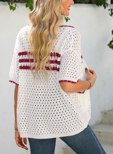 Image of Dokotoo Womens Summer Cardigans Short Sleeve Crochet Cardigan Sweaters Collar Neck Color Block Vacation Outfits