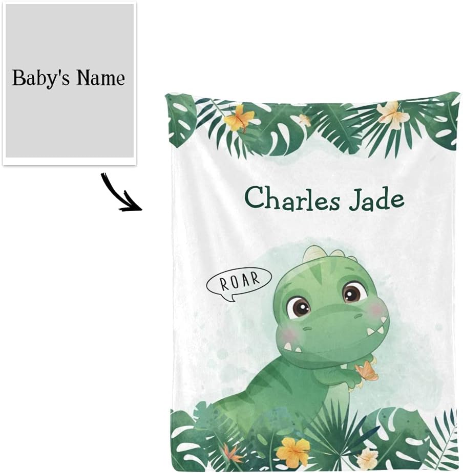 Personalized Baby Blanket Cute Dinosaur Watercolor Leaves Custom Nursery Swadding Blankets 30x40 Inches for Baby Boy Girl with Name Baby Shower Birthday Gift