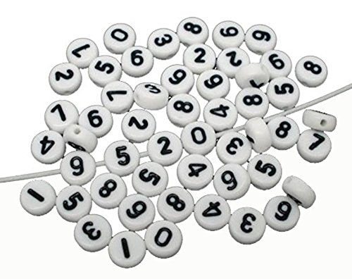 Rockin Beads Brand, 450 Mixed White Acrylic Number 0-9 Coin Spacer Beads 7x4mm Round Sold Per Pack of 450